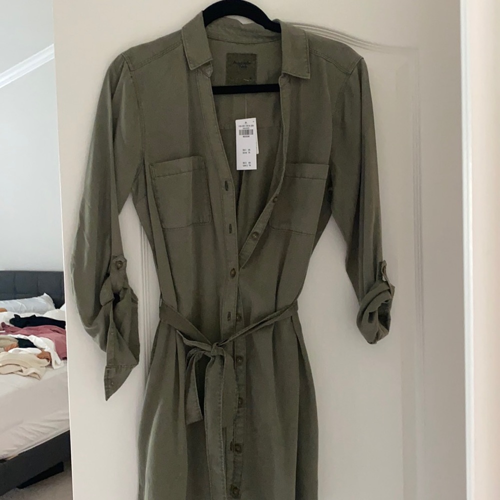 Abercrombie Tie Waist Shirt Dress Olive Green